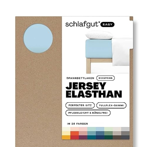 Schlafgut Easy Jersey Elasthan Boxspring Spannbettlaken 140x200 bis 160x220 Blue Light, Spannbetttuch aus superweicher Baumwolle mit Elasthan