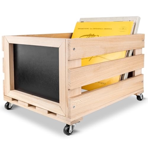 Creative Deco Vinyl Box mit Kreidetafel | Aufbewahrung bis zu 80 Schallplatten Regal Holzbox auf Rädern 46x36x29 cm (+/- 1cm) | Schallplattenkiste Holz | LP Kiste für Obst, Wein, Spielzeugkiste