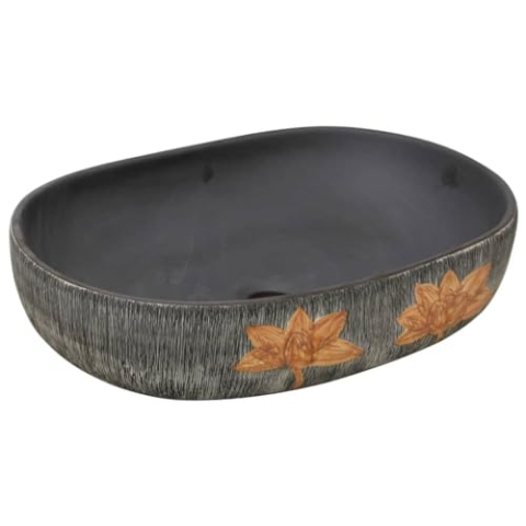 vidaXL Aufsatzwaschbecken, Oval Waschbecken mit Muster, Handgefertigt Waschtisch Waschschale für Badezimmer, Handwaschbecken Spülbecken, Grau Schwarz 59x40x14cm Keramik