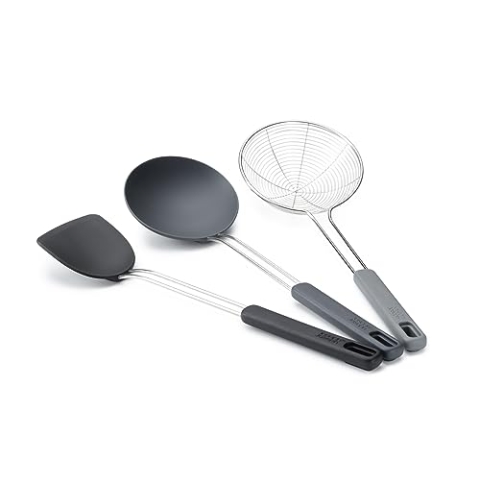 Joseph Joseph Nest Fusion 3-teiliges Silikon Edelstahl Wok Zubehör Set, Pfannenwender, Löffel und Skimmer, BPA frei, Hitzebeständig, Antihaftbeschichtet Koch Utensilien