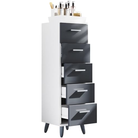 VCM Badmöbel Midischrank | Badschrank | Maße: H. 100 x B. 30 x T. 30 cm | Kommode | 5 Schubladen - Landos M Weiß/Anthrazit