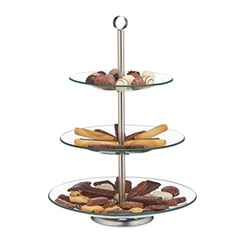 Relaxdays 2 x Etagere, 3 Etagen, rund, Cupcake, Keks, Obst, Muffin, Servierständer Hochzeit, Glas, Edelstahl, Silber/transparent