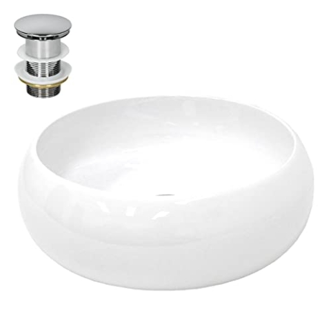 ECD Germany Waschbecken Waschtisch Ø 400 x 150 mm Keramik Rund Weiß inkl. Ablaufgarnitur für Waschbecken ohne Überlauf Aufsatzbecken Aufsatzwaschbecken Aufsatzwaschtisch Waschschale Spülbecken Becken