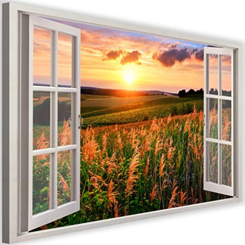 Leinwandbild XXL Fenster-Illusion Wandbild Kunst Wiese Sonne Orange 120x80 cm