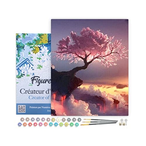 Figured'Art Malen Nach Zahlen Erwachsene Mit Rahmen Rosaroter Baum und Wolken - Paint by Numbers Basteln DIY Bastelset 40x50cm - Leinwand gespannt auf Holzrahmen