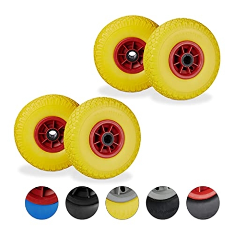 Relaxdays 4 x Sackkarrenrad im Set, pannensichere 3.00-4" PU Vollgummireifen, 25mm Achse, bis 80 kg, 260x85 mm, gelb-rot