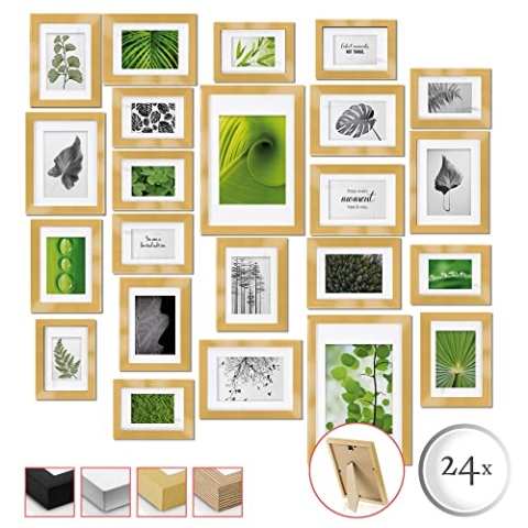 bomoe Bilderrahmen 24er Set – Fotowand Collage Fotorahmen Holzbilderrahmen mit Passepartout - 10x 10,5x15cm / 8x 13x18cm / 4x 15x20cm / 2x 20x30cm Collage Fotorahmen Holz & Kunststoff Gold - Nature