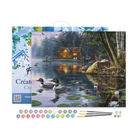 Figured'Art Malen Nach Zahlen Erwachsene Mit Rahmen Chalet am See - Paint by Numbers Basteln DIY Bastelset 40x50cm Leinwand gespannt auf Holzrahmen