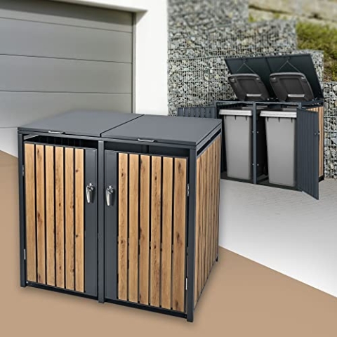 ML-Design Mülltonnenbox 2er 2 Tonnen 240L 132x80x116,3cm Anthrazit-Eichenoptik, Stahl, wetterfest/abschließbar Mülltonnenverkleidung Klappdeckel/2 Türen, Müllbox Mülltonnecontainer Mülltonnenabdeckung