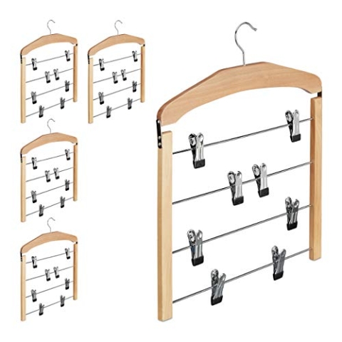 5 x Rockbügel mehrfach, Hosenbügel Holz, 360° drehbarer Haken, Kleiderbügel rutschfest, HBT 45,5x39x2,5 cm, Silber/Natur