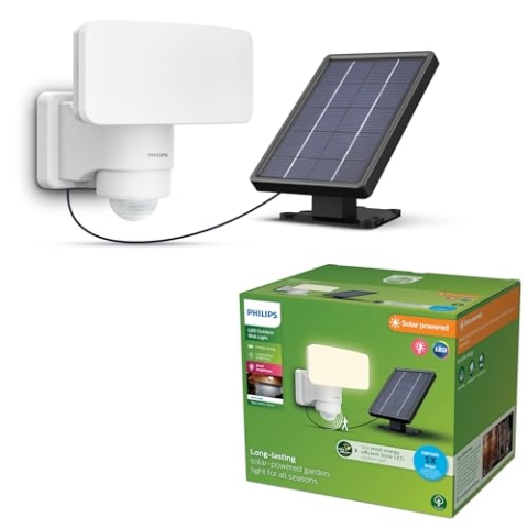 Philips Tylus ultraeffiziente Solar-Sicherheitsleuchte für den Außenbereich mit Sensor, 3000K weißes Licht, 1000/50lm, Weiß