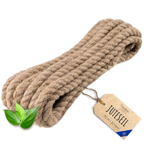 Creative Deco Juteseil Juteschnur | 50m Lang (Personalisierung alle 5m möglich) | 20mm Dickes Seil | Jute Hanfseil Tau Schnur | Gedreht Garn Kordel Naturfaser | Braunes Deko Seil Handlauf DIY Garten