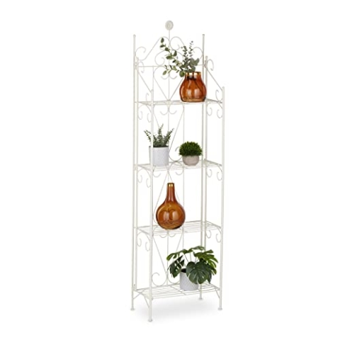 Relaxdays Pflanzenregal, Blumenständer mit 4 Ablagen, HxBxT: 156 x 46 x 25 cm, Metall, klappbar, Blumenregal innen, weiß