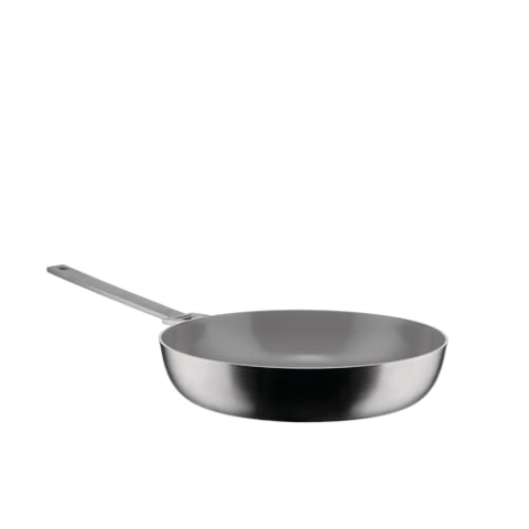 Alessi Convivio DC114/28 - Trilamin-Bratpfanne mit Langem Stiel, Geeignet für Induktion, Edelstahl und PVD, Keramische Antihaft-Innenbeschichtung, 28 cm, Satiniert