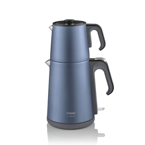 Arzum Teemaschinen, Elektrischer Türkischer Teekocher, 1650W Leistung, 1,2L Teekanne, 1,8L Wasserkocher, Edelstahl, Warmhaltefunktion, Trockengehschutz, Kabellose Nutzung, Ozeanblau