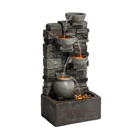 Teamson Home 4 stufiger Steinbrunnen grau mit LED für Garten