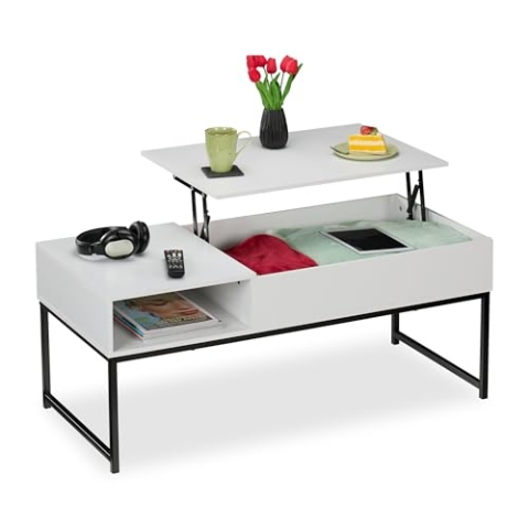 Relaxdays Couchtisch aufklappbar, HBT: 45x110x50 cm, Seitenfach, Wohnzimmertisch mit Stauraum, Holzoptik & Metall, weiß