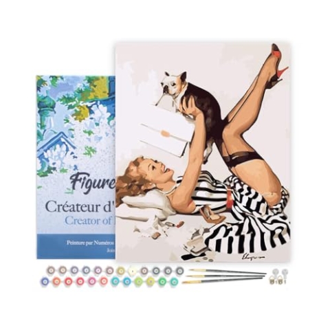 Figured'Art Malen Nach Zahlen Erwachsene Mit Rahmen Pin-Up-Girl im gestreiften Kleid - Paint by Numbers Basteln DIY Bastelset 40x50cm - Leinwand gespannt auf Holzrahmen