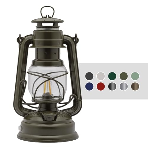 Feuerhand LED Laterne Baby Special 276 - stufenlos dimmbare Laterne für Wohnzimmer, Balkon oder Terrasse - mit warmweißem Licht, Akku- und Batteriebetrieb - Oliv