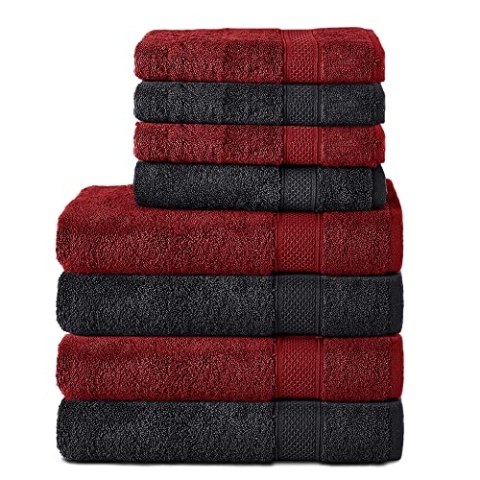 Komfortec 8er Handtuch Set aus 100% Baumwolle, 4 Badetücher 70x140 und 4 Handtücher 50x100 cm, Frottee, Weich, Towel, Groß, Schwarz/Aurorarot
