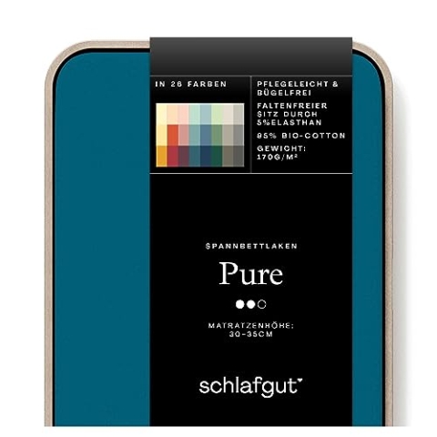 Schlafgut Pure Spannbettlaken 140x200cm bis 160x220cm - 95% Biobaumwolle, 5% Elasthan, Oeko-TEX Zertifiziert, Petrol Deep, Matratzenhöhe bis 35cm