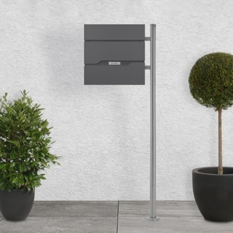ECD Germany Standbriefkasten mit Zeitungsfach, Design Briefkasten mit Pfosten Standfuß, Briefkastenanlage, Briefkastenständer Silber aus Edelstahl, Postkasten Anthrazit aus Edelstahl pulverbeschichtet
