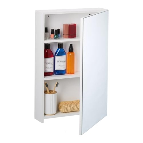 Relaxdays Spiegelschrank, 3 Innenfächer, Badezimmerschrank, HxBxT: 60,5x40x12 cm, Hängeschrank Wandmontage, MDF, weiß