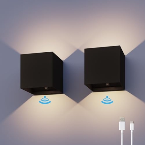 CALEX Wandlampe auf Batterie, 2 Stücke, Up & Down Gartenleuchte, Wasserdichte und ohne Stromanschluss, Warmweißes Licht,Für Innen und Außen, Akku mit USB-C Wiederaufladbar, Bewegungsmelder, Schwarz