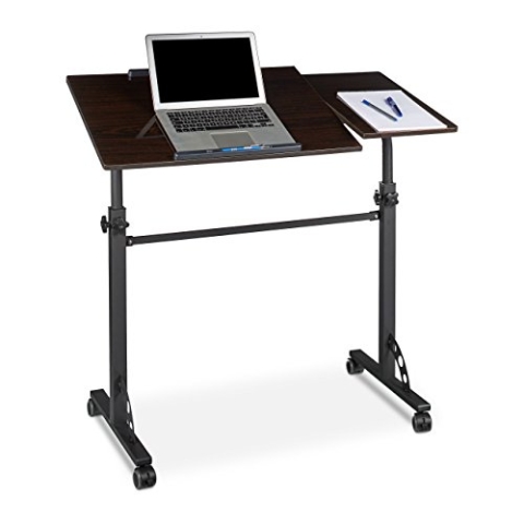 Relaxdays Laptoptisch groß XXL höhenverstellbar, HxBxT: 110 x 100 x 50 cm, Holz, Mobiles Rednerpult, Bremsbare Rollen, Notebook, Beamer, Laptops, 2 Ablagen, Ebenholz schwarz