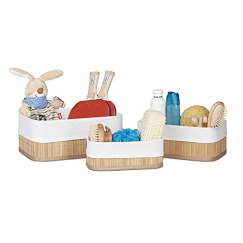 12 x Aufbewahrungskorb Bambus Stoffbezug, Regalkorb rechteckig, Bad Accessoires, Spielzeug, Allzweckkorb 3 Größen, Natur