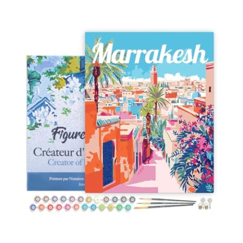Figured'Art Malen Nach Zahlen Erwachsene Mit Rahmen Reiseposter Marrakesch Marokko - Paint by Numbers Basteln DIY Bastelset 40x50cm - Leinwand gespannt auf Holzrahmen