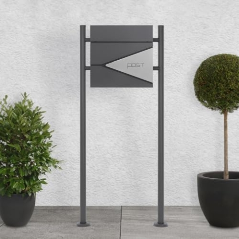 ECD Germany Standbriefkasten mit Zeitungsfach, Design Briefkasten mit Pfosten, Briefkastenanlage, Briefkastenständer Anthrazit 120 cm Edelstahl, Postkasten Anthrazit-Silber Edelstahl pulverbeschichtet