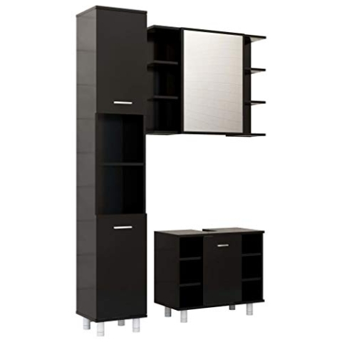 vidaXL Badmöbel Set 3-TLG. Waschbeckenunterschrank Unterschrank Spiegelschrank Hochschrank Schrank Badezimmerschrank Badschrank Schwarz Holzwerkstoff