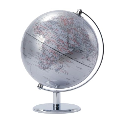 TROIKA Globus Ø 20 cm LUNAR Globus silber glänzende Meere & silberfarbene Landflächen, verchromter Metallfuß, weicher Filzboden bewegliche Achse - im hübschen Karton ideal zum Verschenken