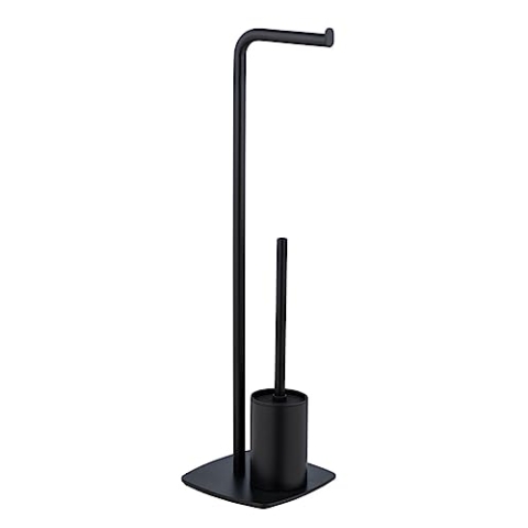 WENKO Stand WC-Garnitur Iria, freistehende WC-Garnitur mit Silikon-Toilettenbürste und Toilettenpapierhalter, aus matt lackiertem Stahl, schwere Bodenplatte für sicheren Stand, 23x72x20 cm, Schwarz