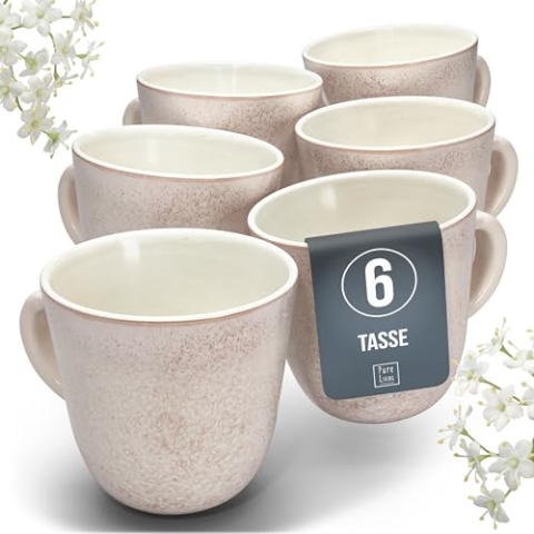 Kaffeetassen 6er Set Ibiza - Premium Steingut Tassen Groß, Spülmaschinen- und Mikrowellenfest, Kratzfest - Tee- und Kaffeebecher Set - Pure Living Geschirr in Beige und Rose