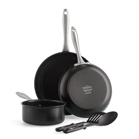 GreenPan Lima Midnight Gesunde Harteloxiert Keramische Antihaftbeschichtung, 5-teiliges Set, einschließlich Bratpfanne, Kochtopf und Nylonbesteck, PFAS-frei, Induktionsgeeignet, Backofenfest, Schwarz