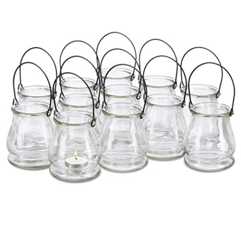 96 x Windlicht aus Glas, runde Glasvase mit Henkel, Tischdeko für Drinnen u. Draußen, Hängewindlicht 10 cm hoch, klar