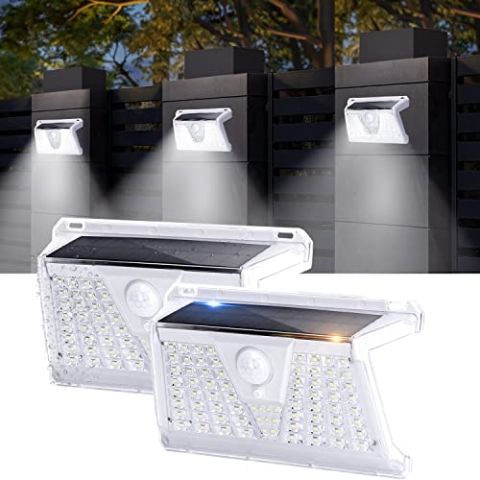 Aigostar Solarlampen für außen mit Bewegungssensor, 4 Modi Solarleuchte wasserdicht IP65, 260LM, Tageslicht 6500K drahtlose Außenwandleuchten für Garten Garage Balkon Treppe Hof, 2 Stück