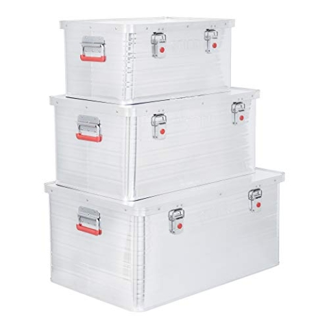 STIER Alubox Set, Aluminiumbox 50L 85L und 135L, stapelbare Transportkisten, Staub- und spritzwasserresistent mit Gummidichtung und Klapphandgriffen, für Transport und Lagerung