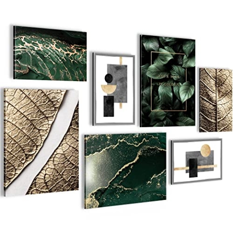 Novart Wandbilder Abstrakt Figuren Blätter - KOMPLETT AUFHÄNGFERTIG - Gold Grün Wohnzimmer Schlafzimmer - 7 Moderne Mood-Bilder - N006971a