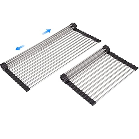 ARAINY Erweiterbares großes Abtropfgestell, aufrollbar hitzebeständiges Abtropfgestell für Edelstahl-Spülen,zusammenklappbar über rutschfestes Silikon-Rollregal (18 Edelstahlrohre 54x33cm)