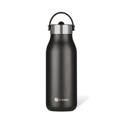 LES ARTISTES Paris A-2376 Bottle'Up 2.0, Thermosflasche, 1 Liter, BPA-frei, wiederverwendbar, hält 12 Stunden heiß und 24 Stunden kalt, Griff, Edelstahl, Design Black Pearl