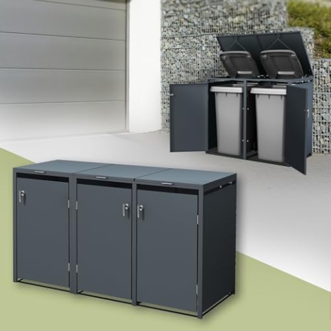 ML-Design Mülltonnenbox 3er für 3 Tonnen 240L 200x80x116,3 cm, Anthrazit, Stahl, wetterfest, Abschließbare Mülltonnenverkleidung mit Klappdeckel/3 Türen, Müllbox Mülltonnecontainer Mülltonnenabdeckung