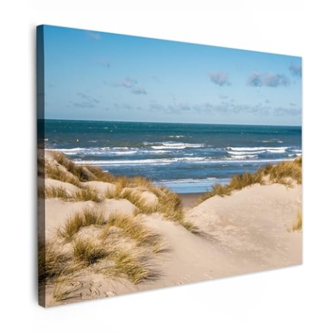 MuchoWow Leinwand Bilder, Einzigartige Wanddeko mit Rahmen, Nordsee hinter den Dünen, Wandbilder Wohnzimmer, Deko Schlafzimmer 80x60 cm