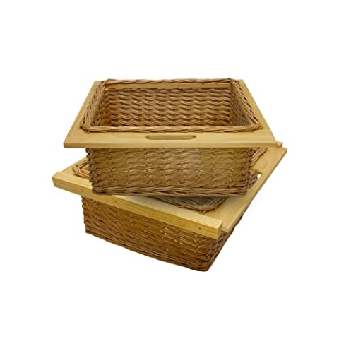 2 Ausziehbare Weidenkörbe Küche Rattan 600mm Küchenkörbe Aufbewahrung Lagerung Speisekammer Unterschrank & Läufer Buche massiv 60cm Landhausstil 100% handgefertigt Befestigungssatz inklusive - Braun