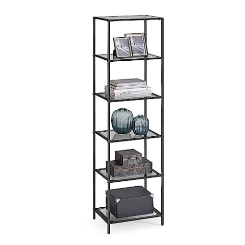 VASAGLE Badregal mit 6 Ablagen, gehärtetes Glas, einfache Montage für Badezimmer, Wohnzimmer, Küche, Büro, Schiefergrau, Schwarze Tinte LGT500G01