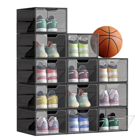 SONGMICS Schuhboxen, Schuh-Organizer aus Kunststoff, mit Tür, durchsichtig, 12er Set, stapelbar, einfache Montage, 34 x 25 x 18,4 cm, für Schuhe bis Größe 44, transparentes Schwarz LSP412B01