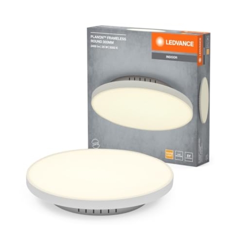 LEDVANCE Planon Frameless Round rahmenlose Panelleuchte in Weiß mit fortschrittlicher LED-Technik, 19 W, runde Form (300 mm Durchmesser), warmweiße Lichtfarbe bei 3000 K, Aluminium-Gehäuse