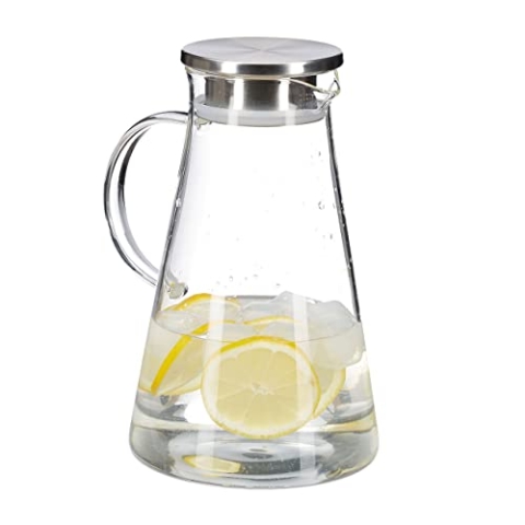 Relaxdays 2 x Glaskaraffe, 1,8 l, mit Deckel, Wasser, Saft, Aromawasser, spülmaschinenfest, Wasserkrug, transparent/Silber